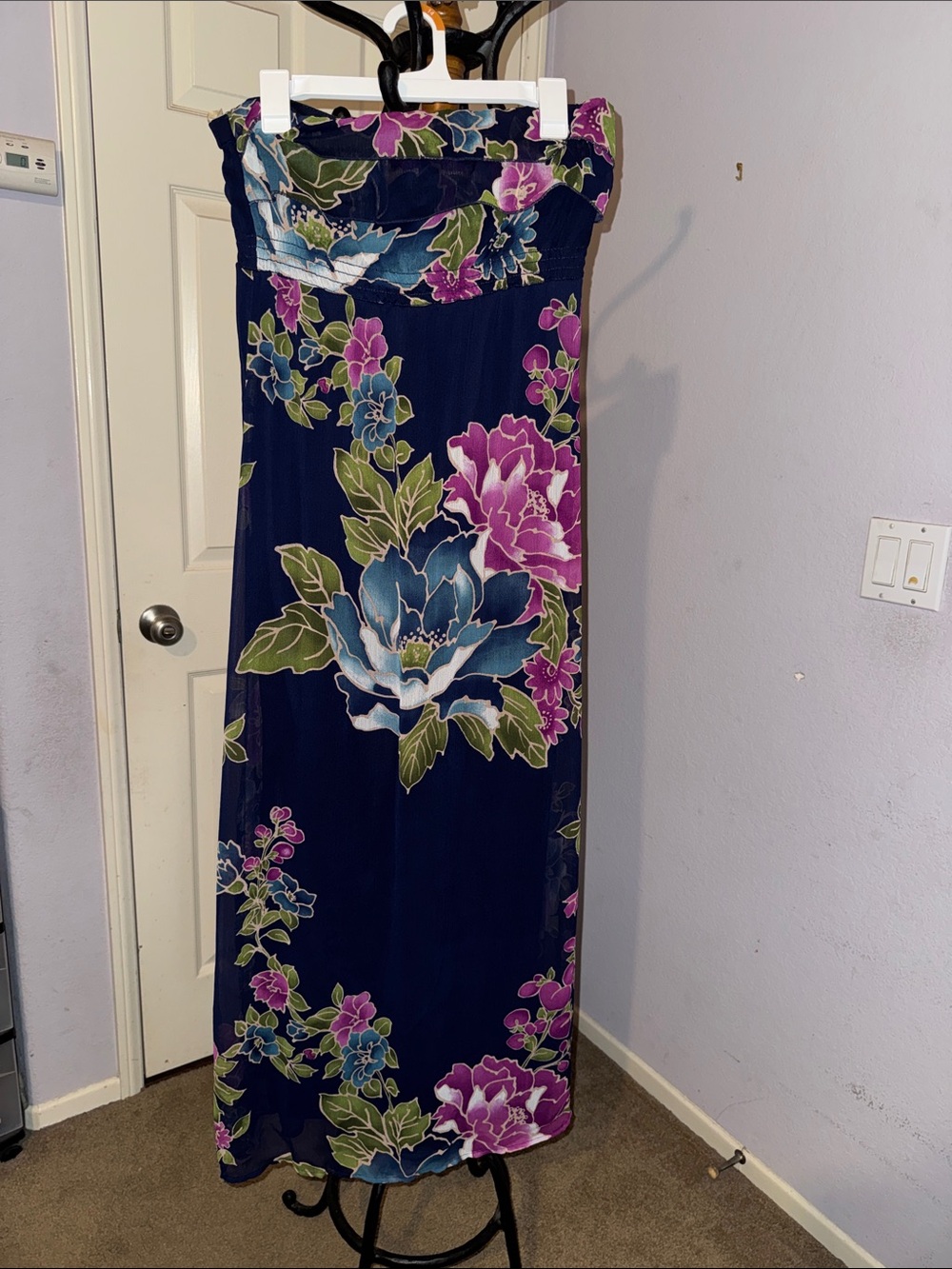 Xhilaration Navy Strapless Floral Maxi Dress with Blue and Purple Blooms